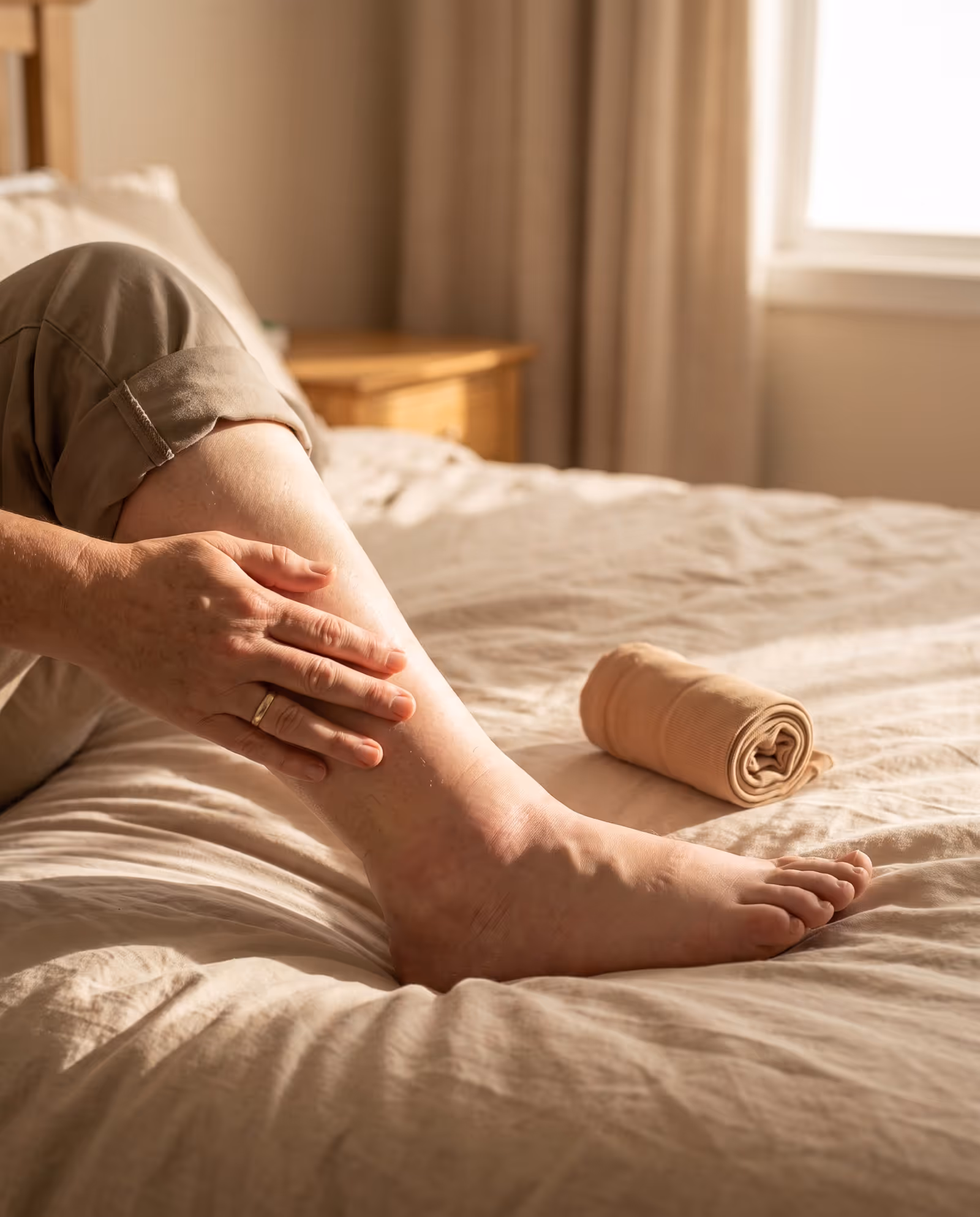 Person seated on a bed with visible swelling in the lower leg and ankle