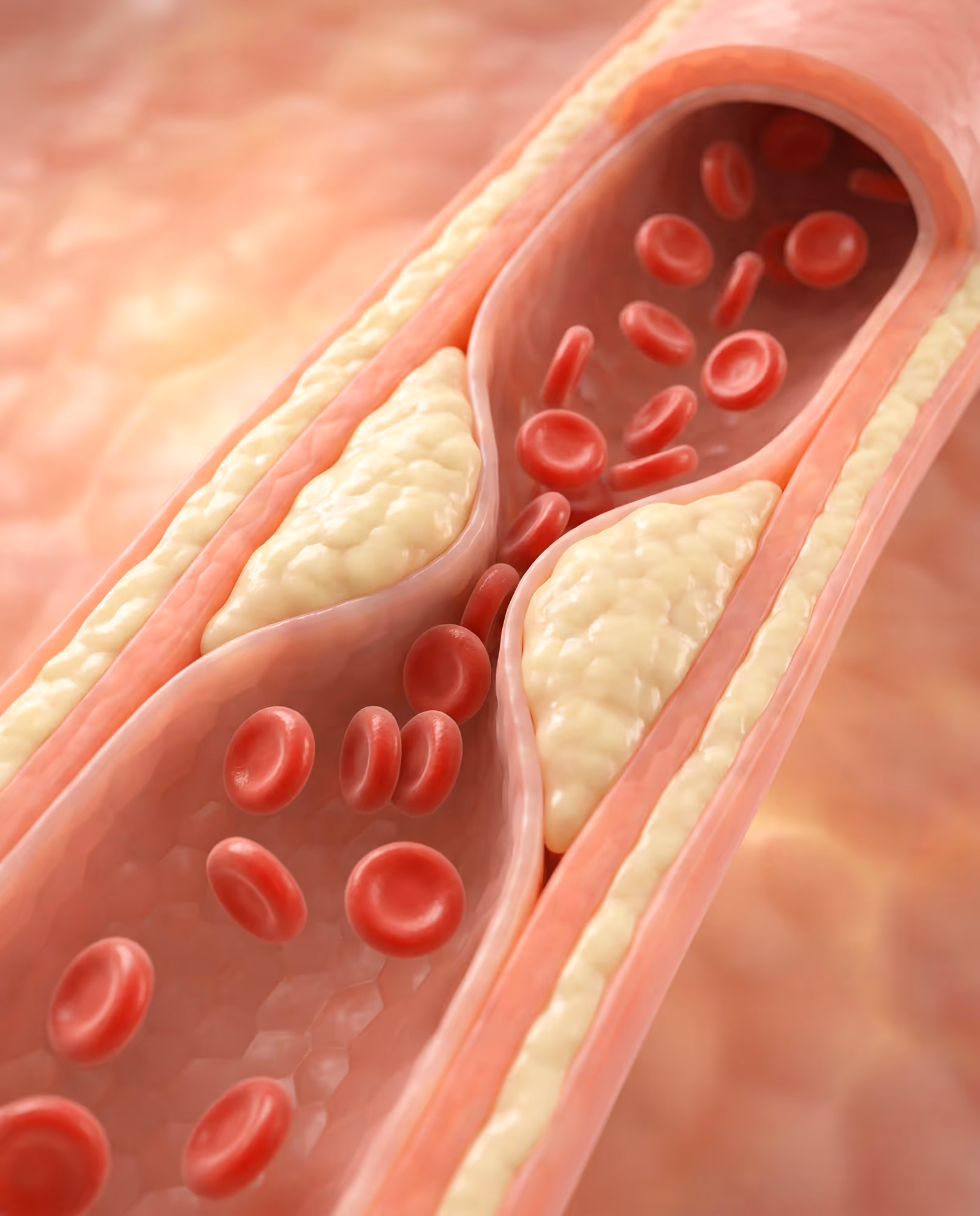 3D illustration of peripheral artery disease showing plaque buildup narrowing an artery and restricting blood flow